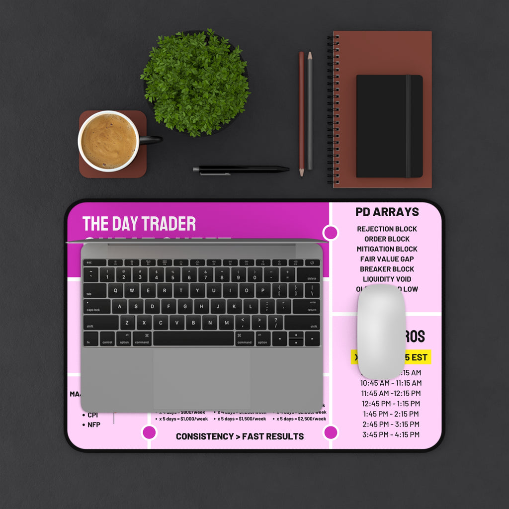 Day Trader Cheat Sheet Desk Mat — Pink Trading Reference Mouse Pad for Traders
