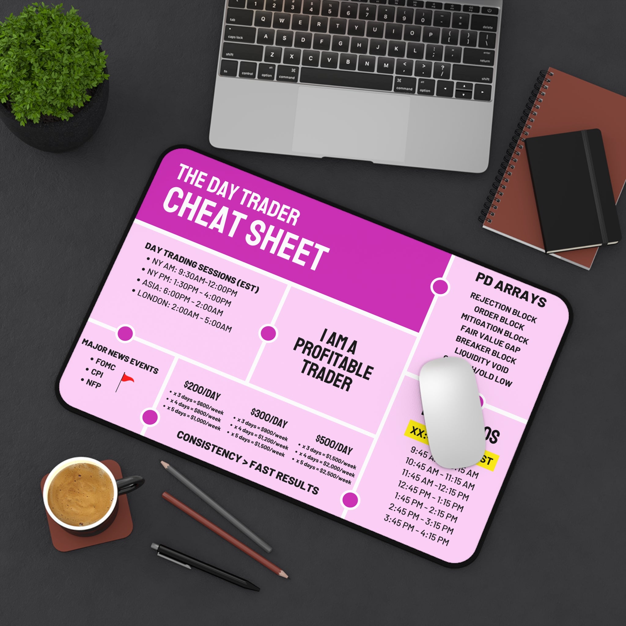 Day Trader Cheat Sheet Desk Mat — Pink Trading Reference Mouse Pad for Traders