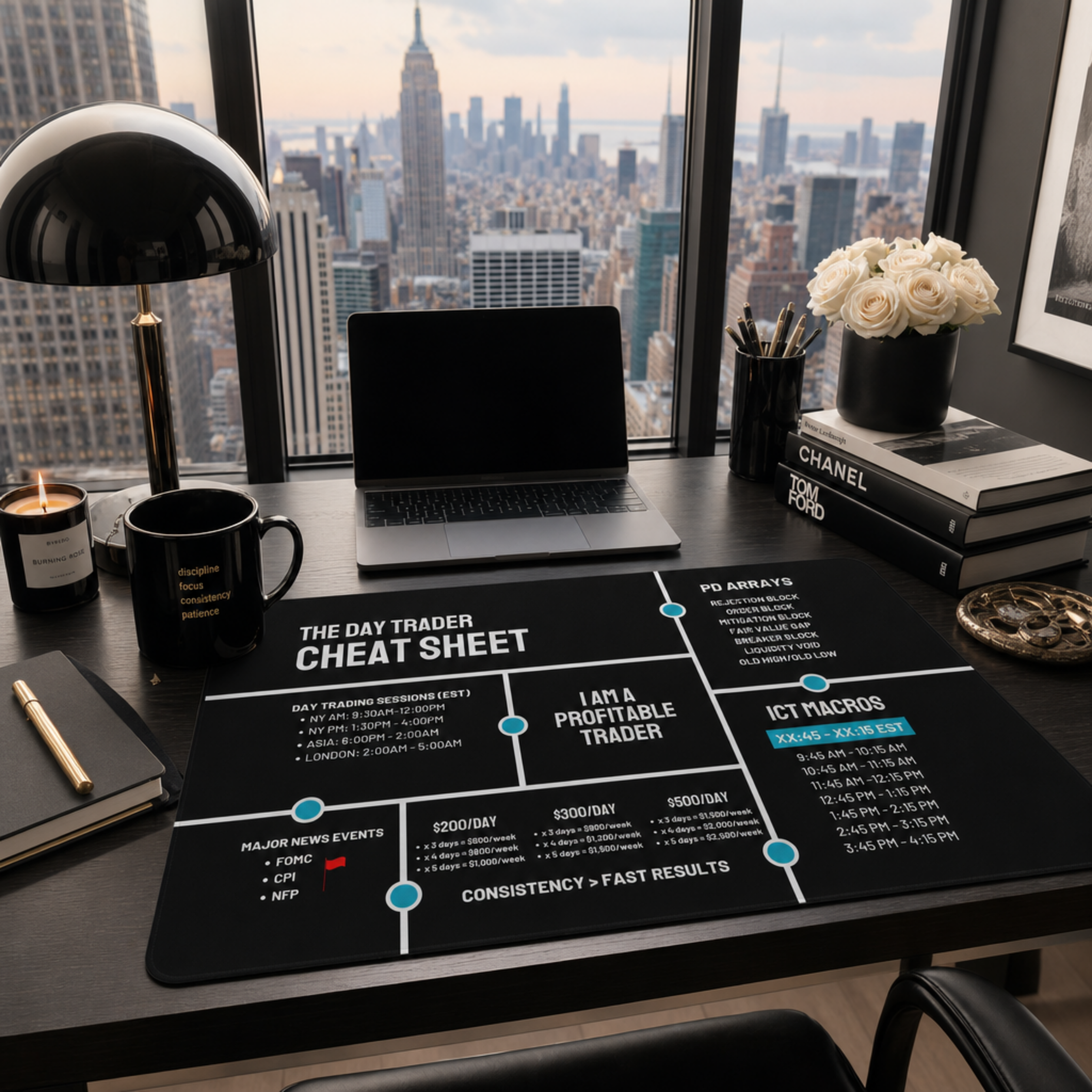 Day Trader Cheat Sheet Desk Mat — Black Trading Reference Mouse Pad for Traders