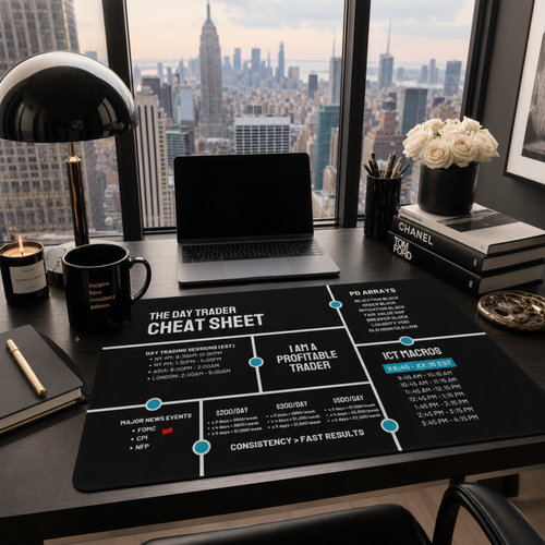 Day Trader Cheat Sheet Desk Mat — Black Trading Reference Mouse Pad for Traders