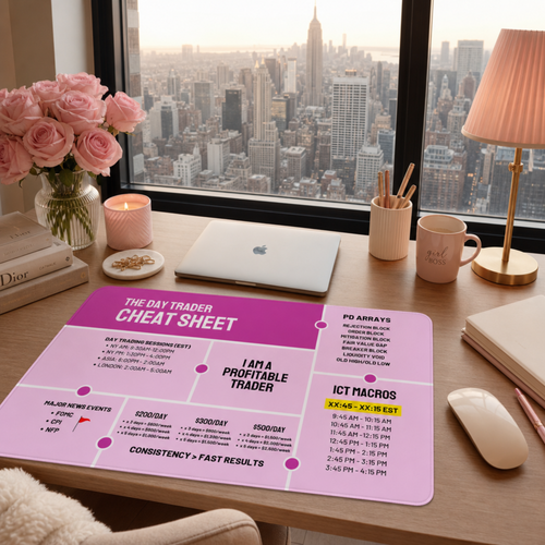 Day Trader Cheat Sheet Desk Mat — Pink Trading Reference Mouse Pad for Traders