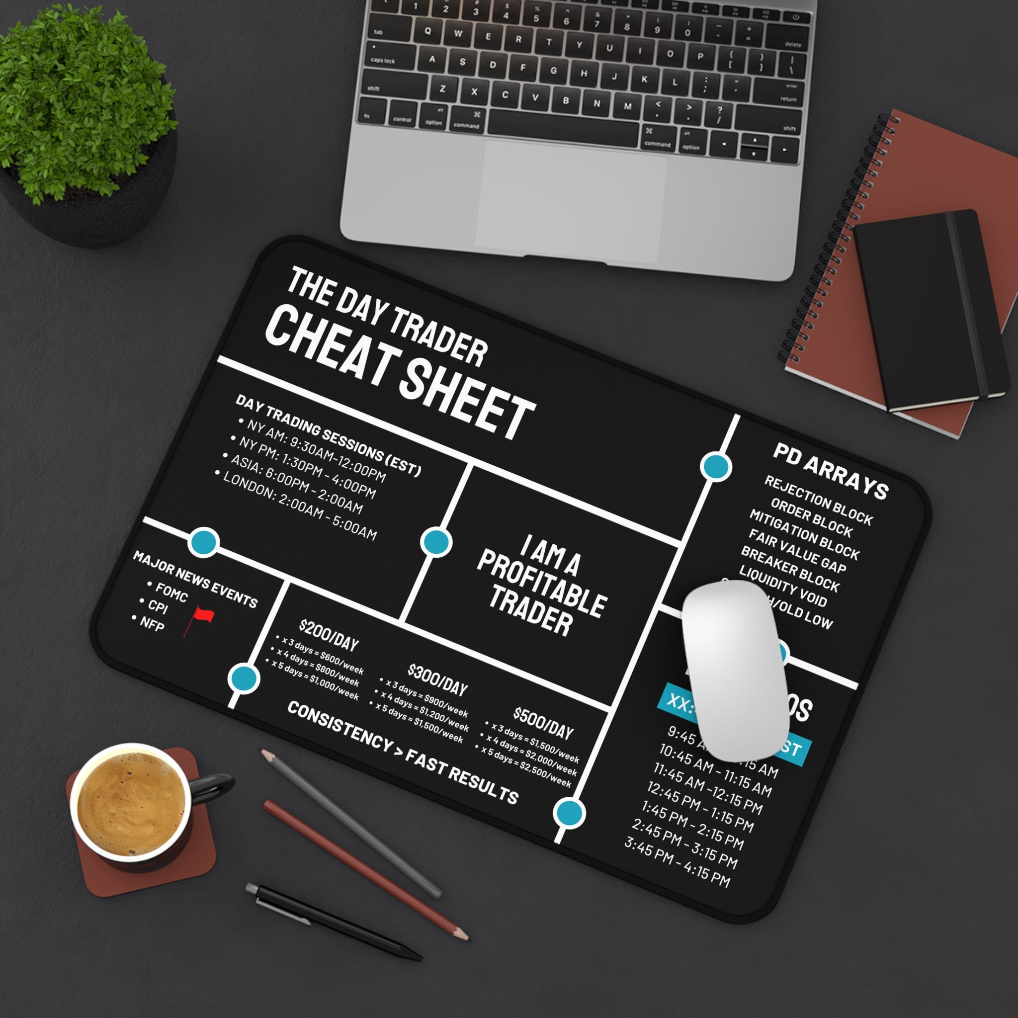 Day Trader Cheat Sheet Desk Mat — Black Trading Reference Mouse Pad for Traders
